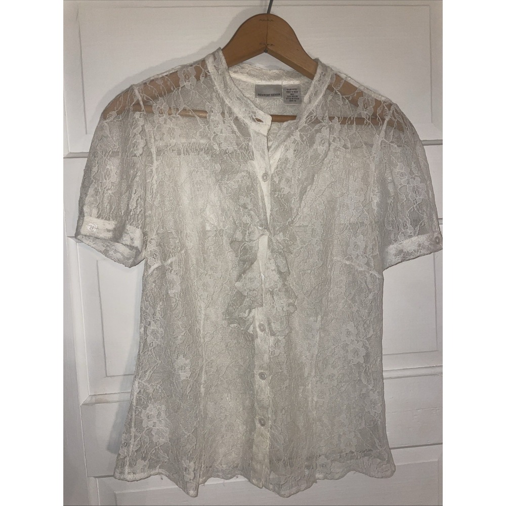Newport News Fitted Button‎ Up Short Sleeve Ivory White Lace Top 10